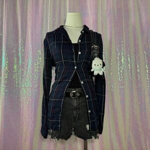 blue and pink plaid button-down blouse / shirt